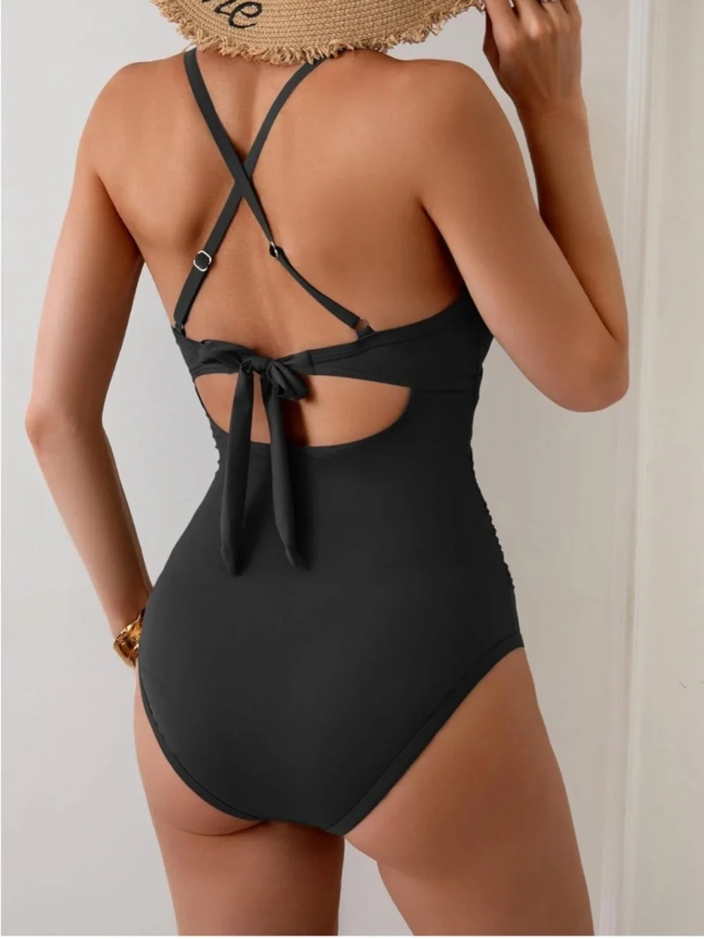 Eomenie Black One Piece Swimsuit Ruched Tummy Control Tie Back SZ M NEW